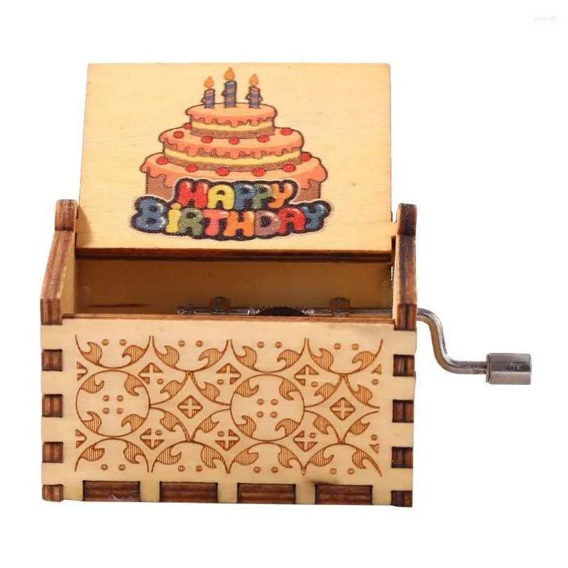 Decoratieve beeldjes Happy Birthday Musical Ornaments Antieke houten gegraveerde hand Gecrankeerde muziekbox