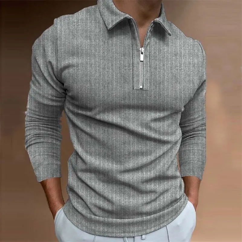 Polos pour hommes Hommes Polo à manches longues Fermeture à glissière Design Col rabattu Polos de couleur pure Vêtements pour hommes Streetwear Casual Mode Hommes Tops 220905