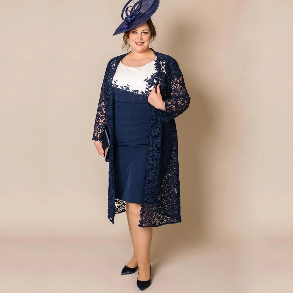 Navy Plus Size Mother of the Bride Dresses Appliqued Scoop Neck Evening Gowns With Lace Long Sleeves Jacket Knee Length Satin Wedding Guest Dress