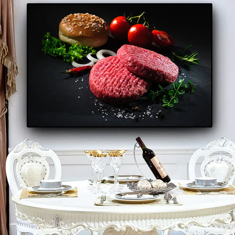 Canvas Painting Vegetable Meat Hamburger Kitchen Cuadros Scandinavian Posters and Prints Wall Art Food Picture Living Room