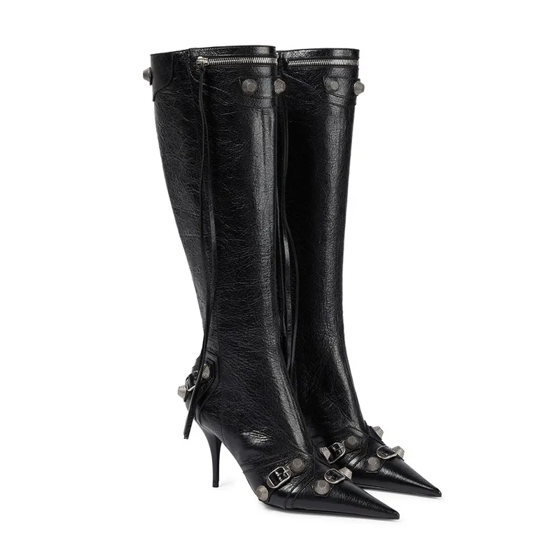 Sacs de soirée Bottes Cagole Designer Boots Femme Hiver Noir Botte à hauteur du genou Boucle à goujon Agrémentée Bout pointu Sexy Talon aiguille Cuir véritable Grand