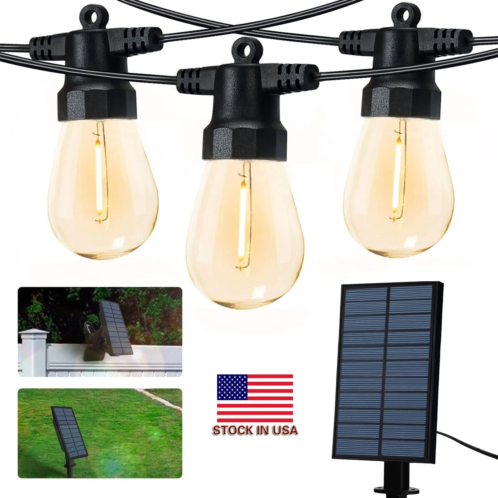 US Stock Solar Garden Lights S14 33ft Vattentät utomhussträngsljus Solar Powered USB -laddning