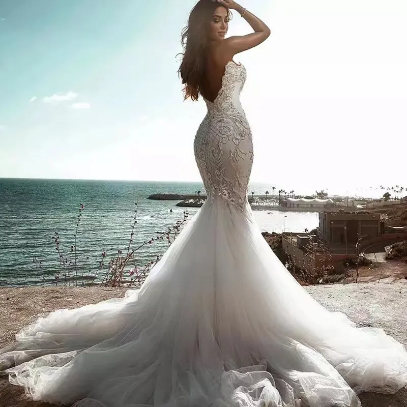 Lace Mermaid Wedding Jurken 2023 Tule Lace Applique kristallen uit schouderbruiloft bruidsjurken