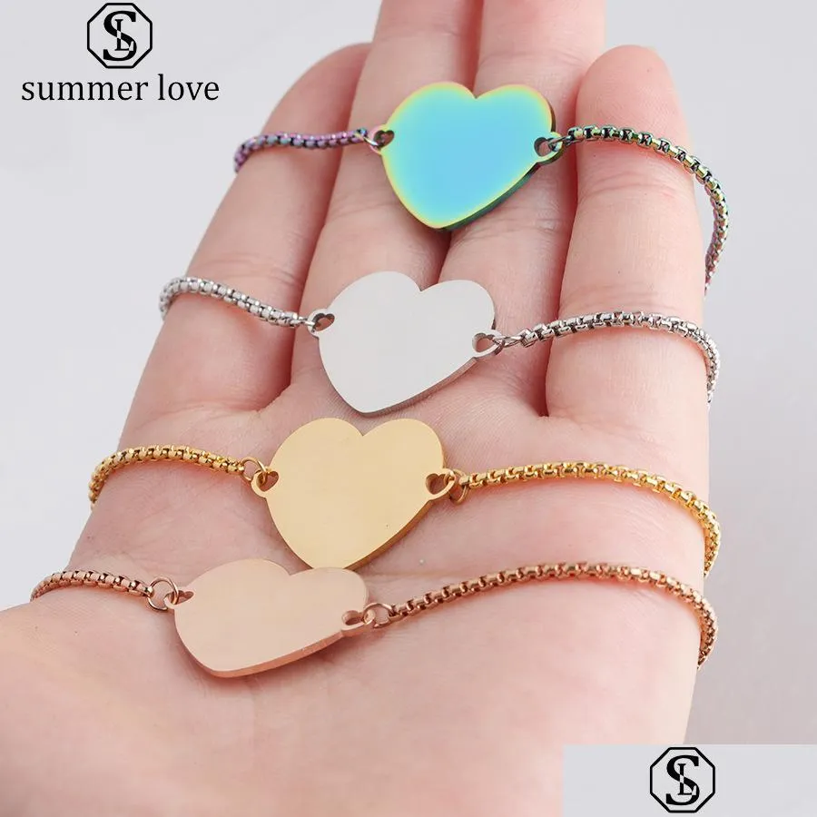 Link Chain Stainless Steel Bracelets Can Engraved Personalized Name Adjustable Bracelet Blank Heart Shape Chain Love Jewel Mjfashion Dhdpy