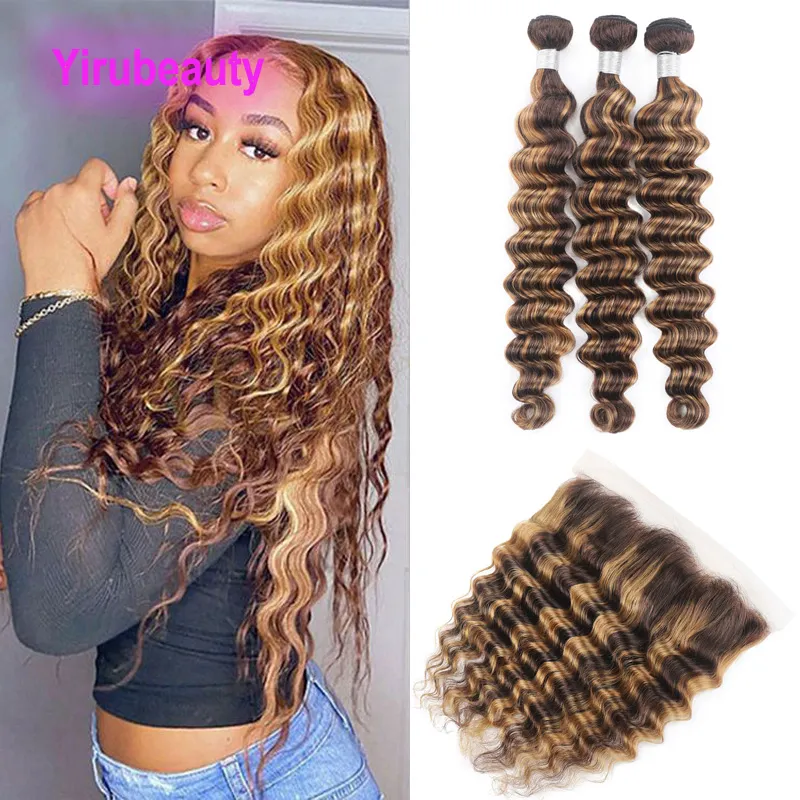 Yirubeauty Brazilian P4/27 Piano Color Loose Deep Bundles com 13X4 Renda Frontal Baby Hair 4 Pcs Produtos Encaracolados 10-28 polegadas