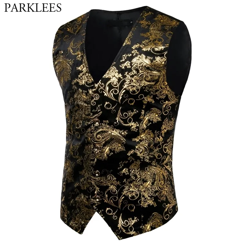 Men's Suits Blazers Mens Gold Metallic Paisley Printed Steampunk Vest Single Breasted V Neck Wedding Waistcoat Men Tuxedo Aristocrat Vests Gilet 2XL 220905