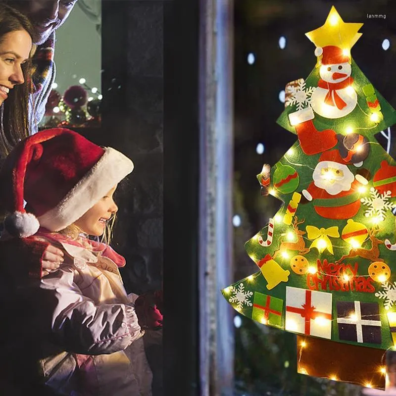 Weihnachtsdekorationen für Kinder, handgefertigt, Filzbaum, Wandbehang, Weihnachten mit Lichterkette, Dekoration für Zuhause, 2022, Weihnachtsornament