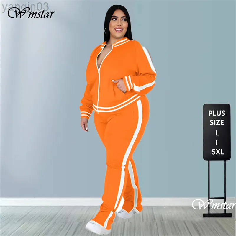 Kadınlar Plus Boyut Trailsuits L-5XL İki Parçalı Set Kadınlar Sweatlesuit Zip Çizgili Üst Yatak Jogging Pants Jogger Kıyafet Eşleşen Toptan Dropshipping L220905