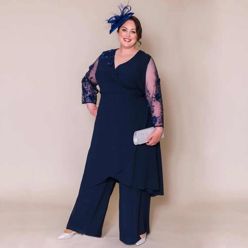 Navy Plus Size Mother Of The Bride Pant Suit With Appliqued V Neck