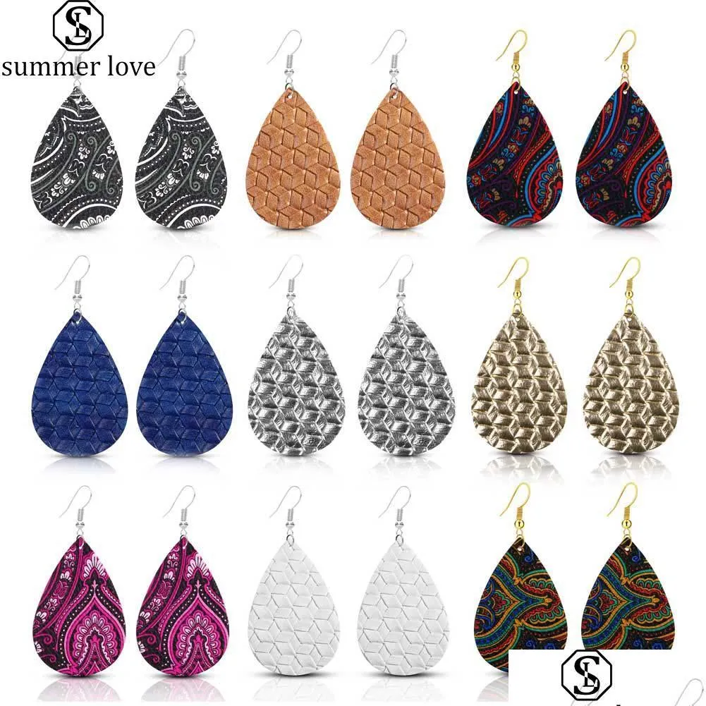 Stud Impression Pu Cuir Teardrop Dangle Boucle d'oreille pour femmes Bohème Sliver Placage Crochet Drop Mode Déclaration Bijoux Cadeau Lulubaby Dhcsy