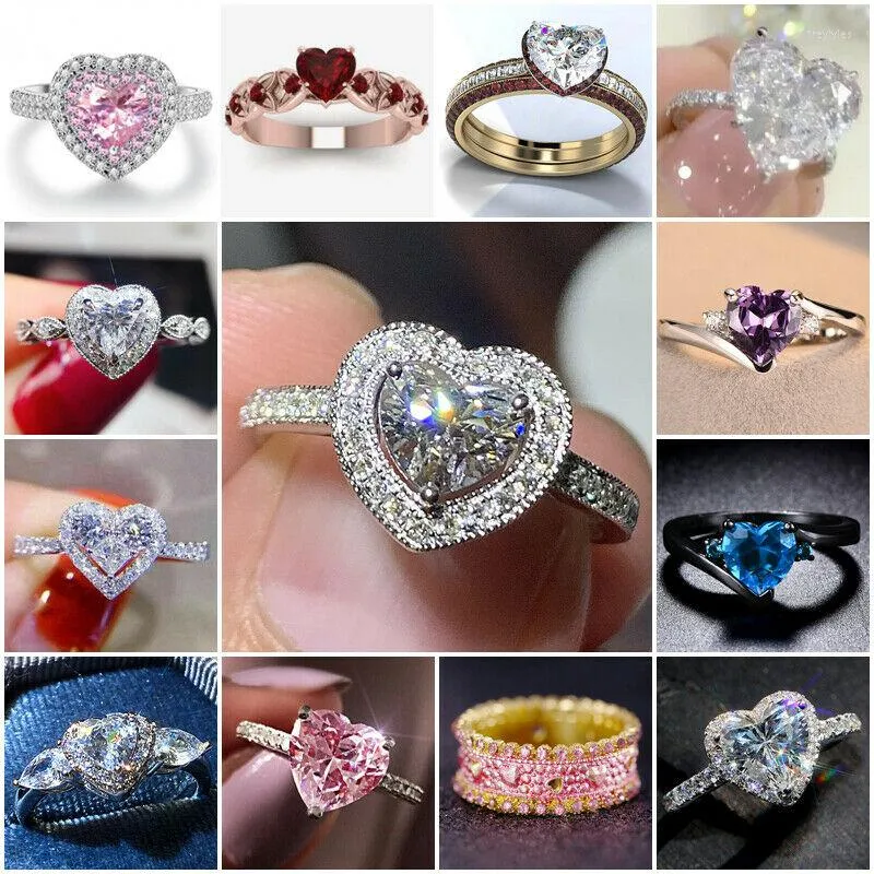 Klusterringar elegant hjärta stor rosa sten ring charm smycken kvinnor cz bröllop s löftengagemang damer tillbehör gåvor mode mode