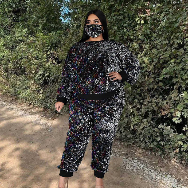 Plus Size Sequin Tracksuit Set For Women Long Sleeve Glitter