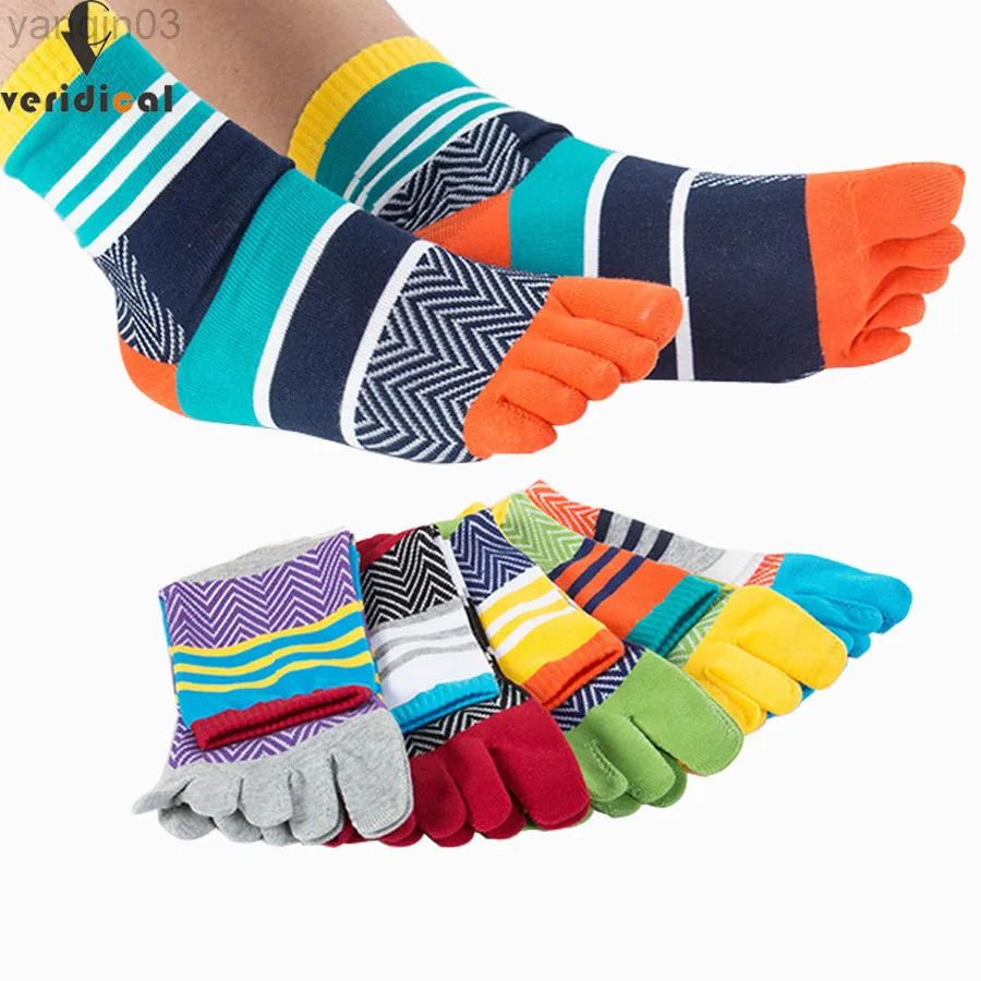 Athletic Socks 5 Couples/Party Mens Summer Cotton Toe Striped Contrast Colorful Patchwork Men Five Finger Free Size Basket Calcetines L220905