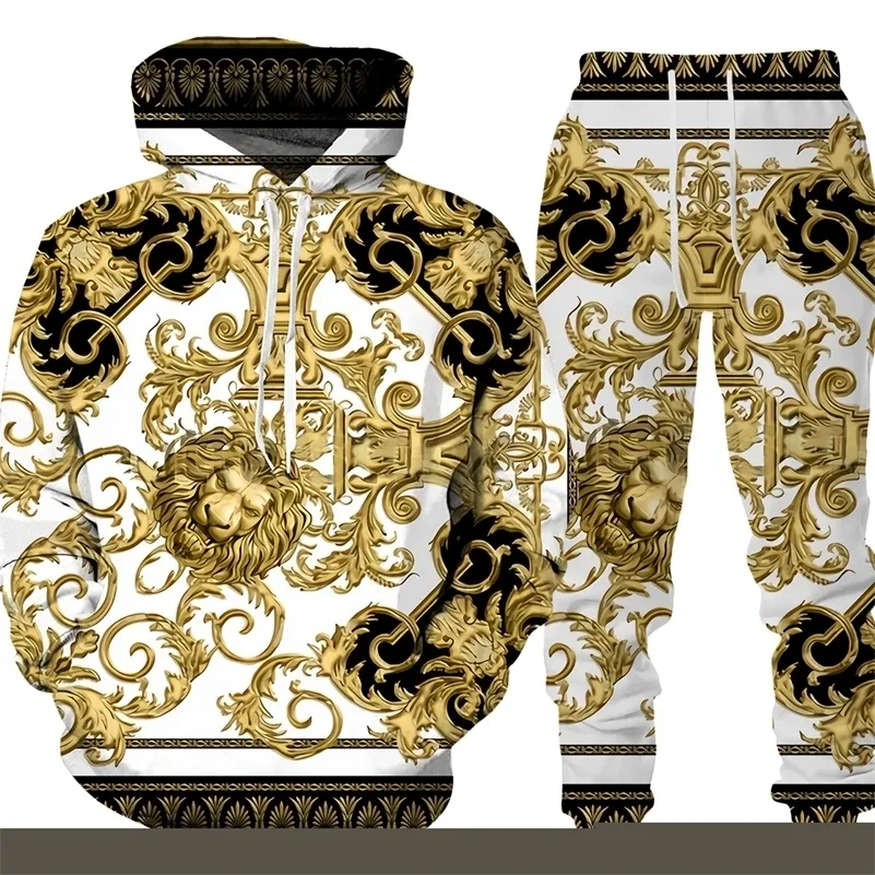 Survêtements pour hommes Golden Pattern Chain 3D Imprimé Hommes Survêtement À Capuche Pantalon Ensemble Oversize Street Style PulloverTrousersSuits Vêtements Pour Hommes 220905