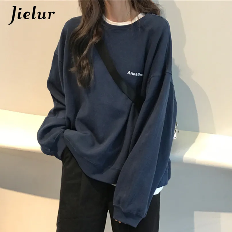 Women's Hoodies Sweatshirts Jielur Kpop Letter Hoody Fashion Korean Thin Chic Women's Sweatshirts Cool Navy Blue Gray Hoodies for Women M-XXL 220905