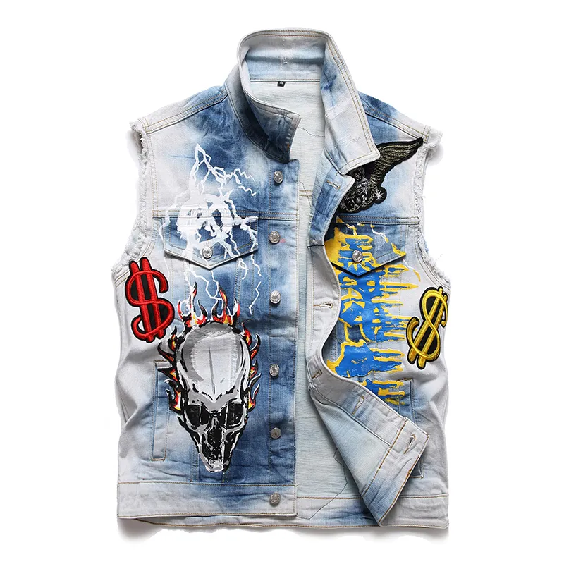 Retro Casual Loose Vest Motorcycle Motorcycle Metal Rock Odznaka Haftowana kamizelka bez rękawów i farbowanie kamizelki ulicy