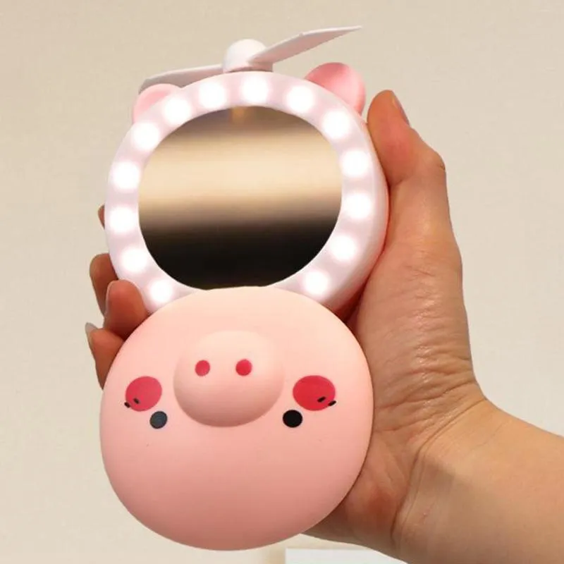 3 In 1 Cartoon Piggy Mini Cute Makeup Mirror With Cooling Fan And