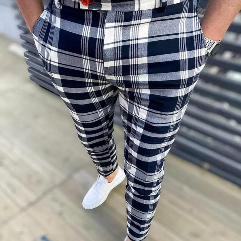 남성 바지 빈티지 격자 무늬 인쇄 남성 정장 2022 슬림 피트 봄 신사 사무실 긴 가을 Streetwear Pantalones Hombre