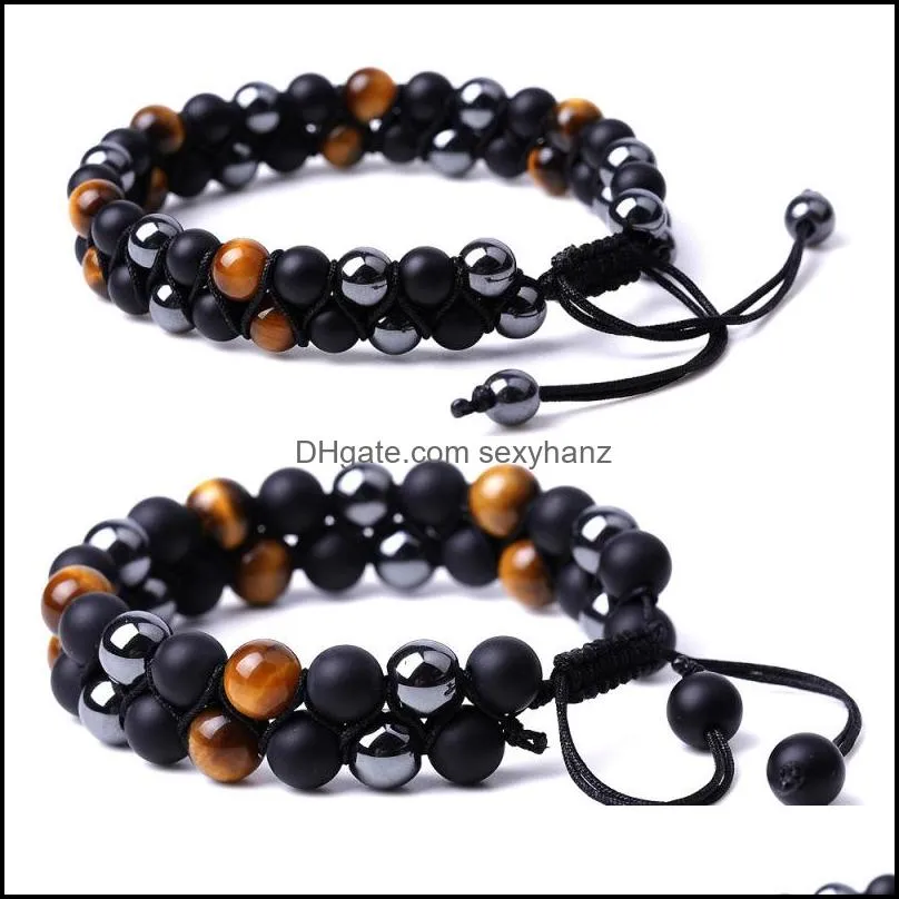 Urok bransolety 6 mm 8mm 8 mm Tiger Eye Stone czarne koraliki Bransoletka Pleciona dwie warstwy kobiety mężczyźni ręka biżuteria