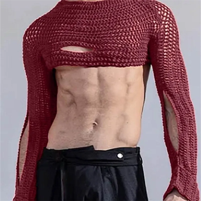 T-shirt da uomo INCERUN T-shirt da uomo Mesh See Through O-Collo Manica lunga Streetwear Scava fuori Crop top irregolari Abbigliamento casual da uomo sexy 220902