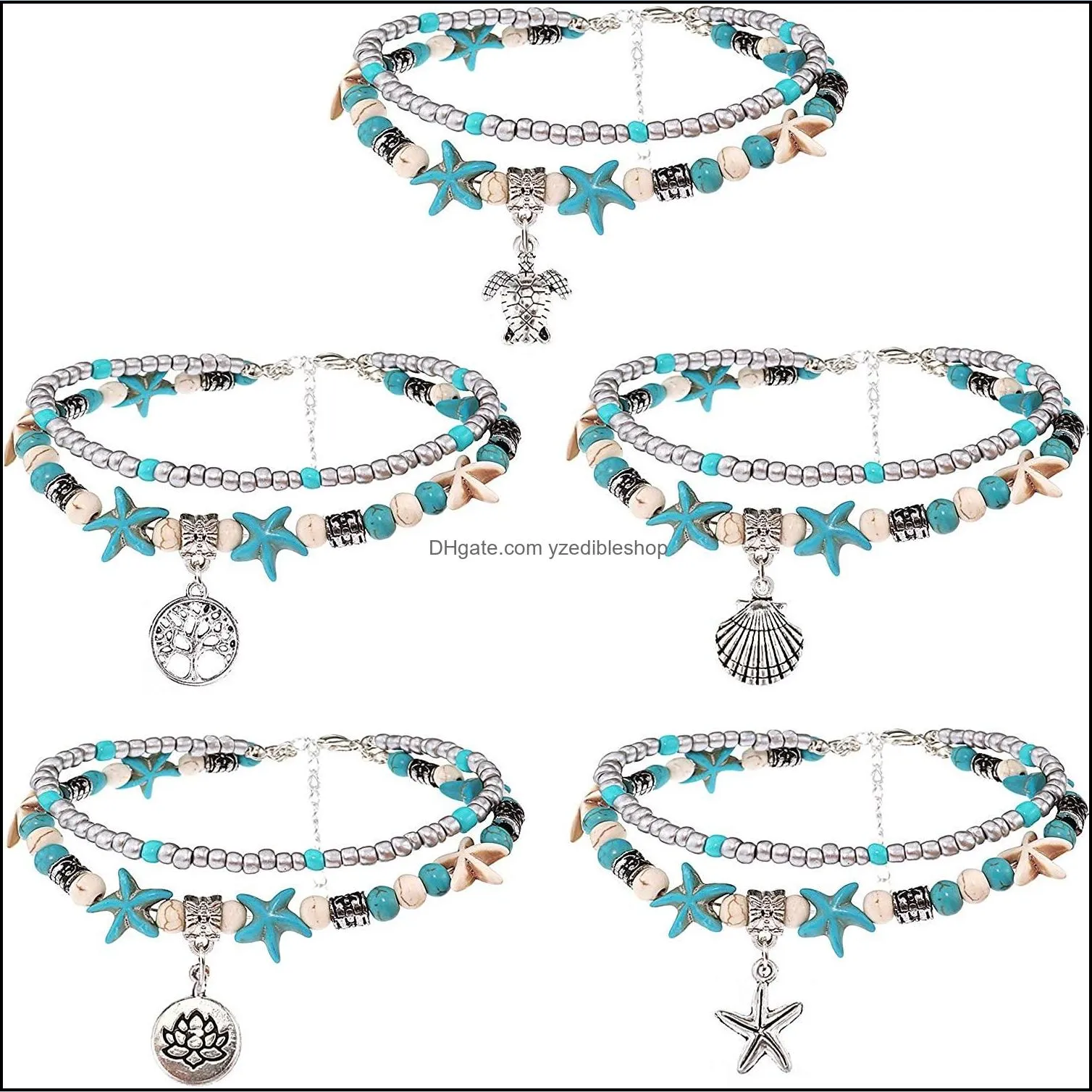 Anklets boho dubbla anklets conch sjöstjärn sand sköldpadda hänge fotkedjor turkos sten pärlor charm strandarmband dr dhseller2010 dhfqi