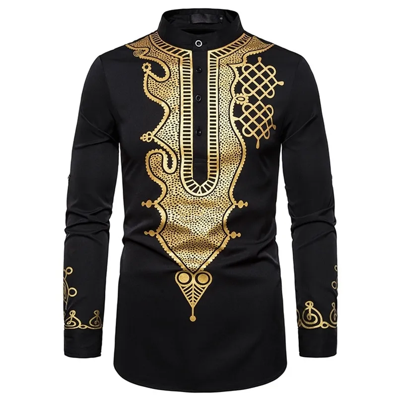 Chemises décontractées pour hommes à manches longues de luxe or imprimé fleuri Henley Style ethnique col montant Dashiki africain 220905