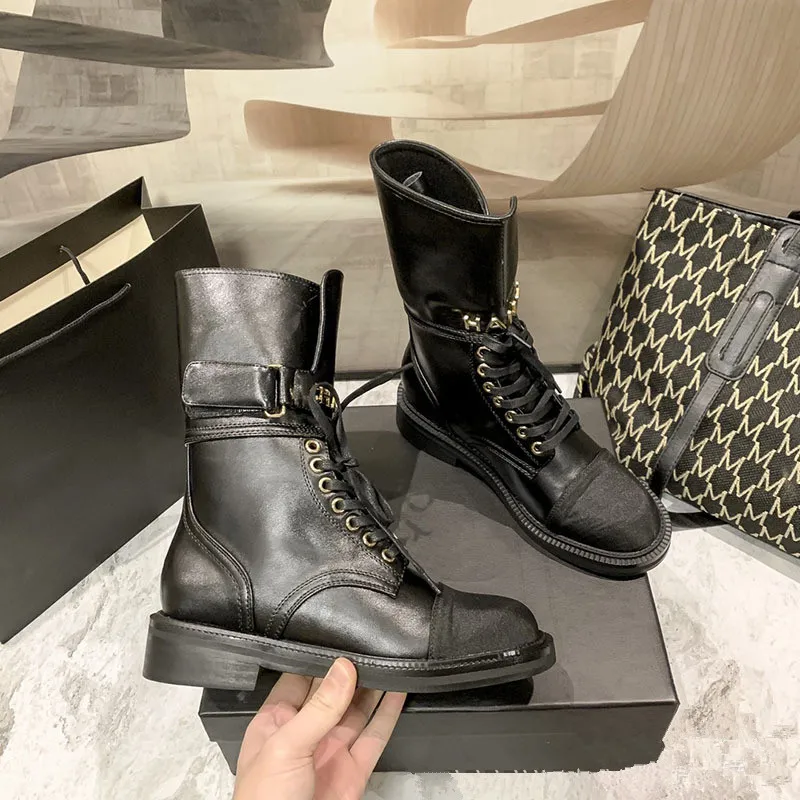 Ladies Riding Boots Fashion Boots Women `S Shoes Triple Black Low Heel Lace Up Leather Sporty Simple Versatile