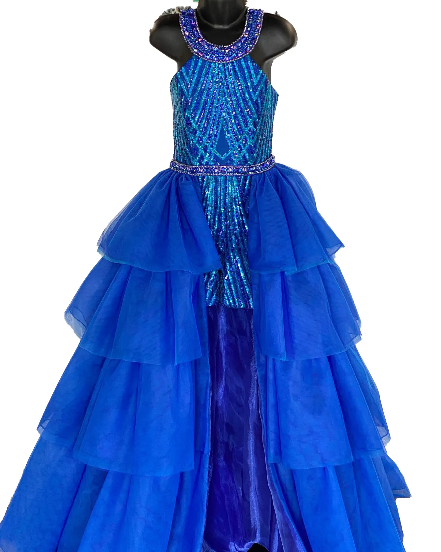 로얄 블루 걸 미인 대회 드레스 점프 슈트 2023 Ruffles Overskirt Crystals Sequin Kid Romper Little Miss Birthday 공식 파티 칵테일 가운 Teens Runway Fun-Fashion 12
