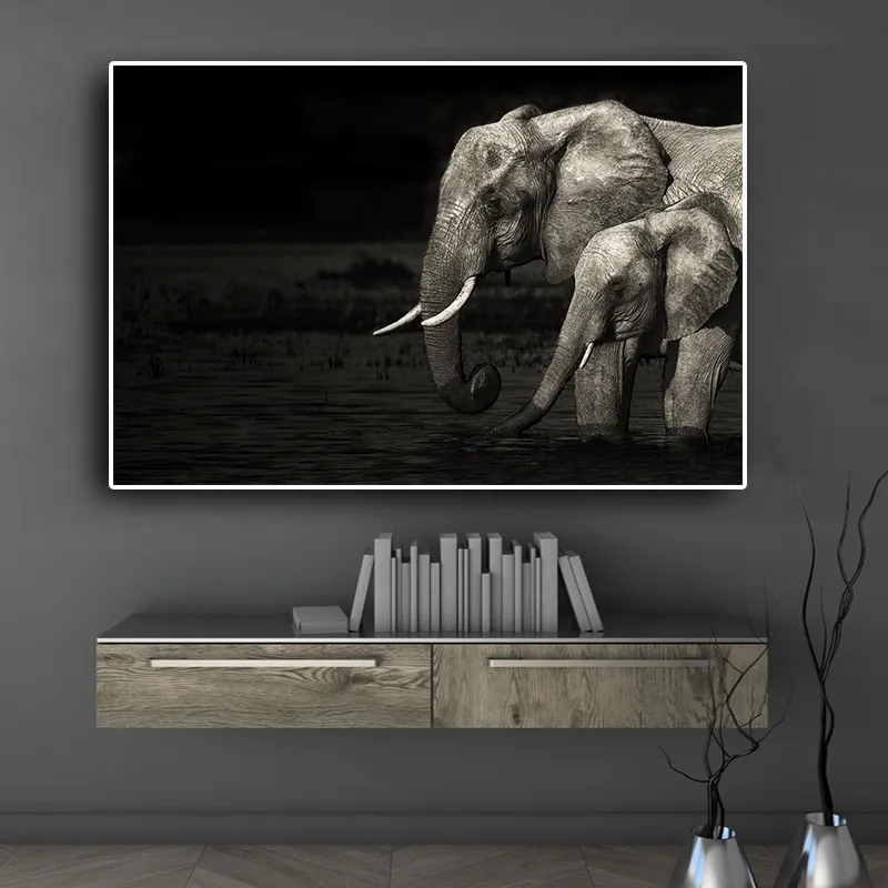 Schwarz-weiße wilde Tiere, afrikanischer Elefant, Leinwand-Malerei, Poster und Drucke, moderne Wandkunst, Bild, Wohnzimmer-Dekor