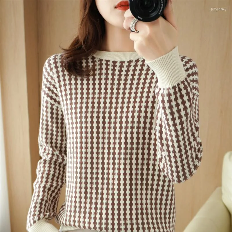 Pulls pour femmes Pull en pur coton pour femmes Pull à col rond pour femmes Casual Knit Loose Top Striped Colorblock Plaid Fashion Base