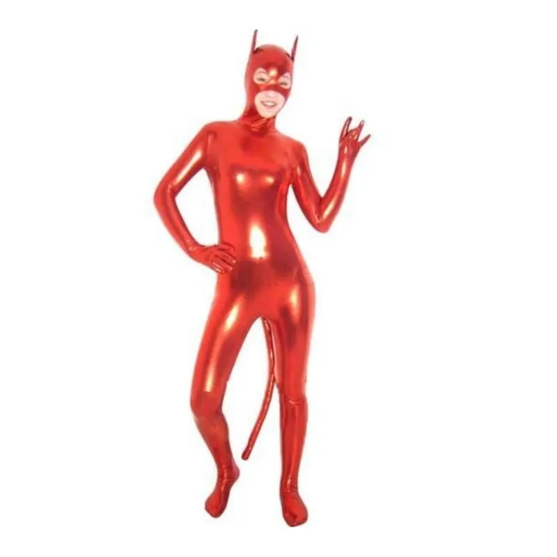 Unisex Divertente animale rosso metallizzato lucido Catsuit Costumi lycar Spandex Zentai Body Party costumi di scena del club con orecchie e coda