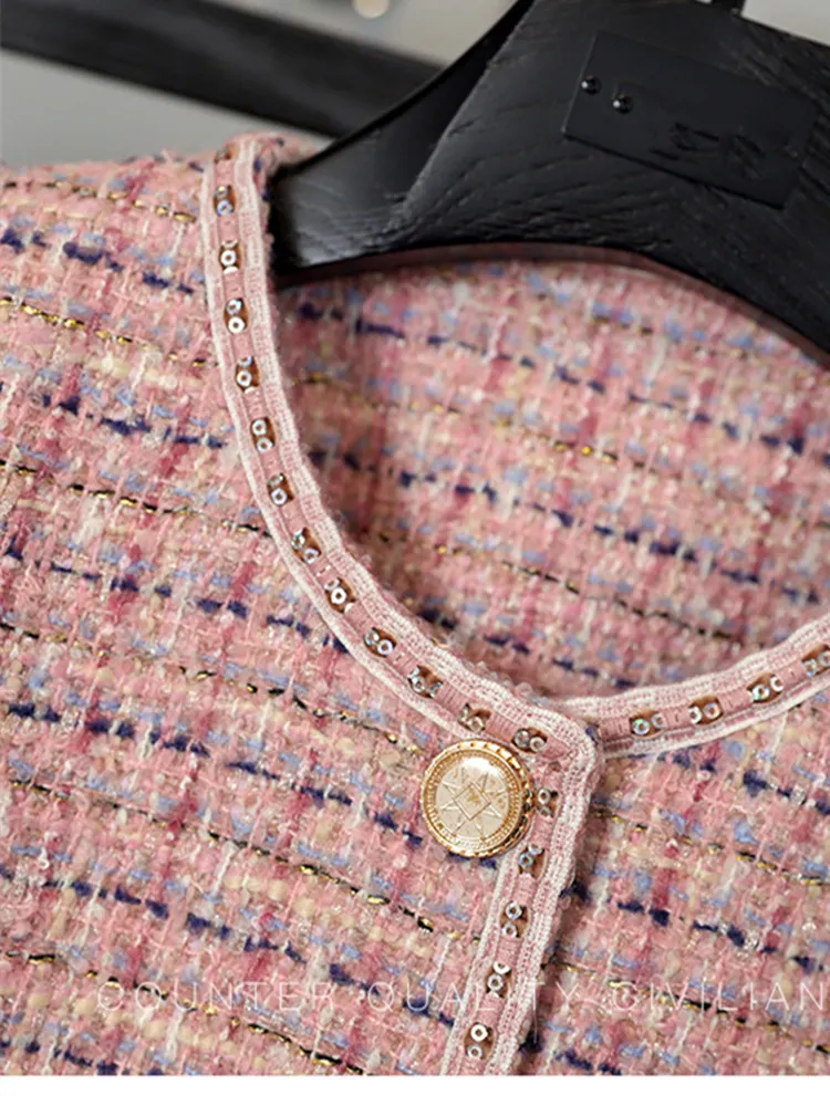 Zweiteiliges Kleid Herbst Winter Süßes Rosa Woll Zweiteiliges Set Frauen Outfits Tweed Jacke Mantel Hohe Taille Minirock Sets Elegante Anzüge 220906