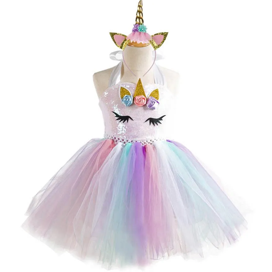 2019 New Unicorn Girls Dresses Kids Boutique Princess Dresses Sequin Birthday Party Tutu Dresses Unicorn Devel 2pcs Kids Count251a