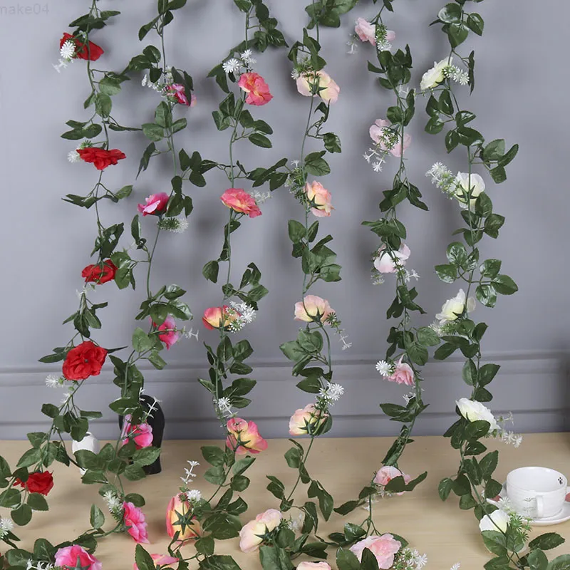 Faux bloemen groen 22m kunstmatige eucalyptus met roos slingerdhangende rattan verticale tuin thuis tafel feest bruiloft achtergrond muur decor wijnstok J220906
