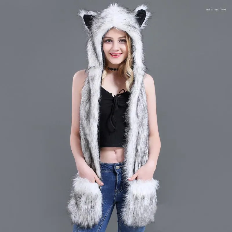 Berets SH001 Women Winter Hat Earffflap Cap Warm Animal Faux Fur Beanie Hoodie Gloves Racf Glove