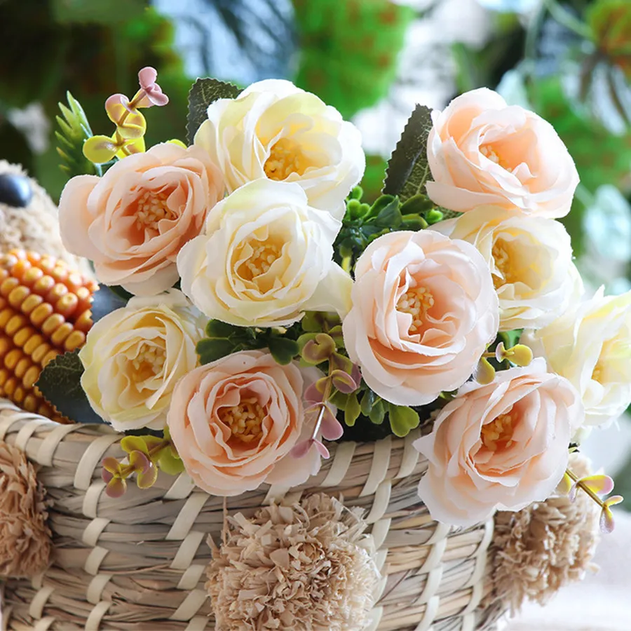 Faux Floral Greenery Artificial Roses Flowers Pink Small Mini Silk Artificial Fake Flowers For Wedding Home Party Decoration Bouquet White Rose J220906