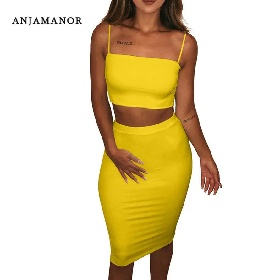 Anjamanor 여름 패션 섹시 2 조각 세트 여성 클럽 의상 여름 옷 여성 용 여름 옷 2 개 미디 스커트 세트 D53-I542364