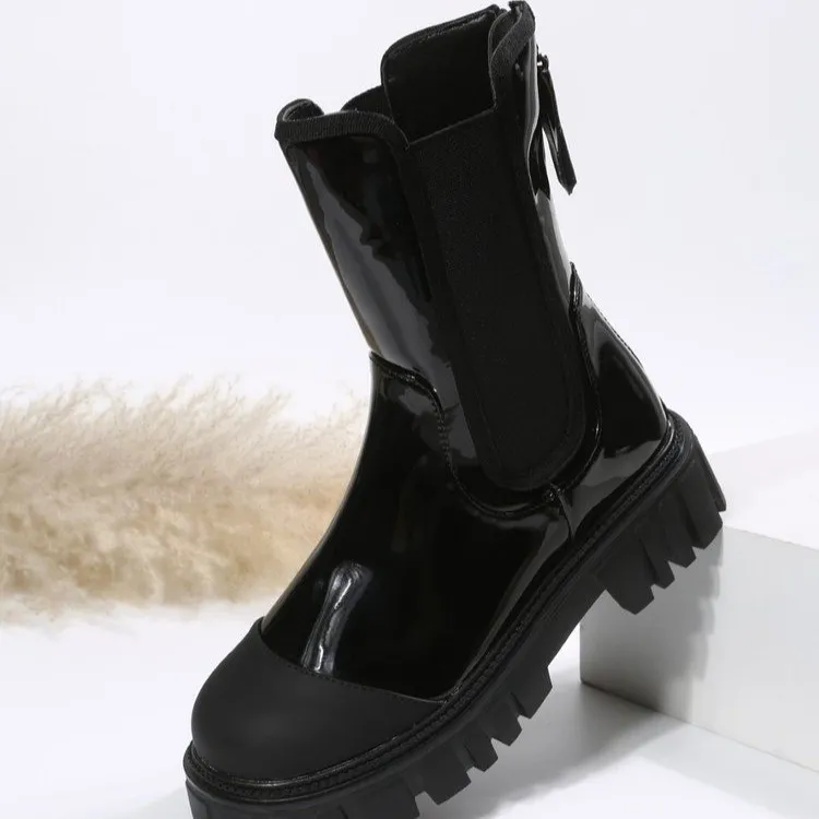 Kobiety buty kostki platforma kwadratowa palca palec damskie buty punkowe goth but krótka jesień zima kobieta pu pu moda nowoczesna swobodna sukienka modele sukienki