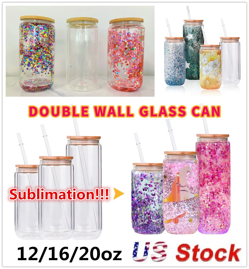US Stock Sublimation Water Bottles Double Wall Glass Can Glitter Blank Glass Tumblers Mugs with Bamboo Lids Beer Juice Glasses Cup 12oz 16oz 20oz