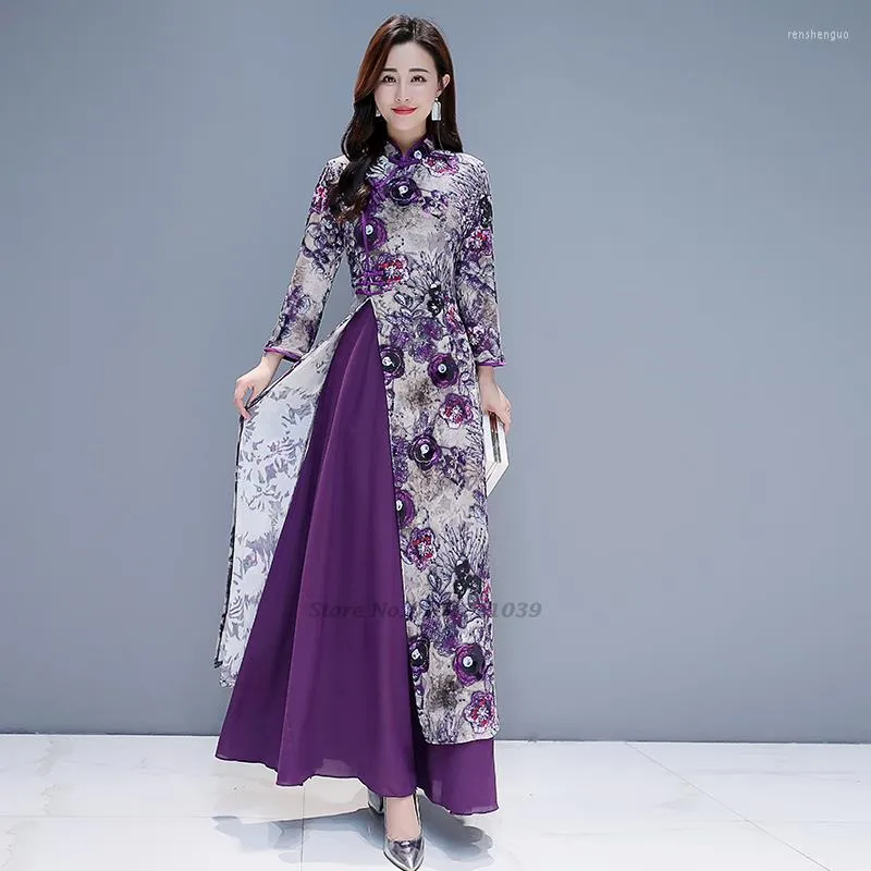 long sleeve chinese dress Women Pink green color chinese dresses retro oriental cheongsam long sleeve qipao dress for female host