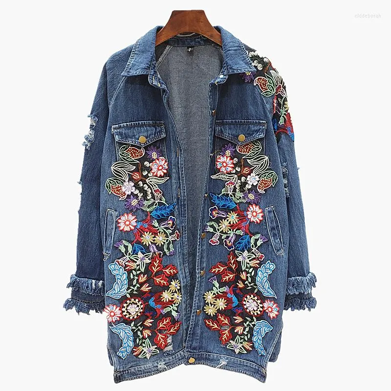 Jackets femininos Autumn Heavy Industry Flowers Flowers Hole tornou velho solto de tamanho grande jeans de jeans de comprimento médio