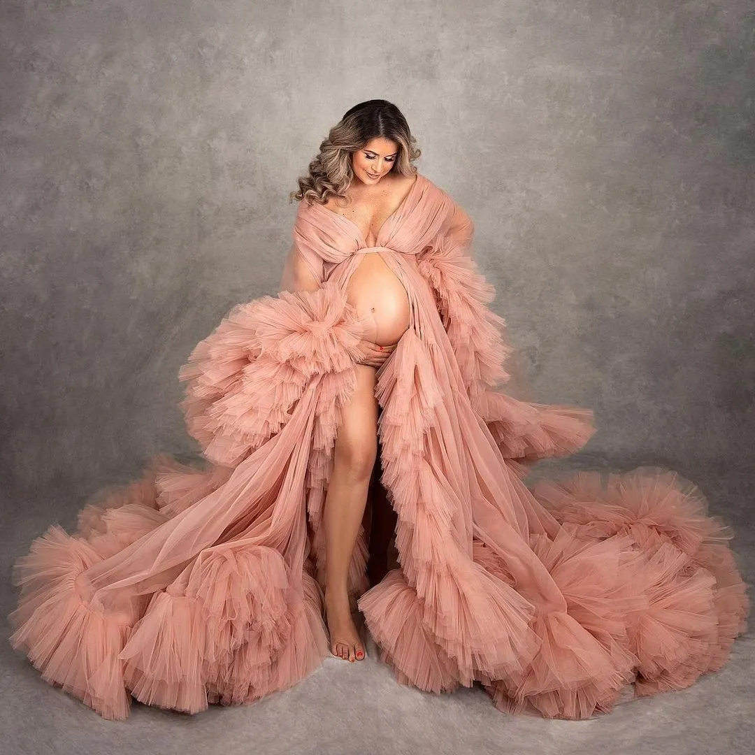 Dammig rosa moderskapsklänning tyll gravida kvinnors balklänningar baby shower klänningar främre split lyx rufsrockar