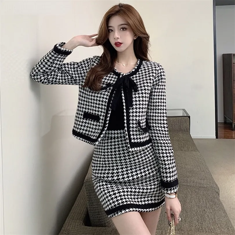 Два кусочка платье винтажное шерстяное костюм Houndstooth Women Elegant Plead Bowknot Top Jacket Mini Boycon Юбка набор 2 шт.