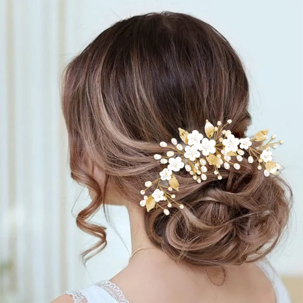 silver bride wedding hair vine flower bridal hair piece pearl hair accessories leaf headpieces jewelry for women and girls 12 5 inches gold