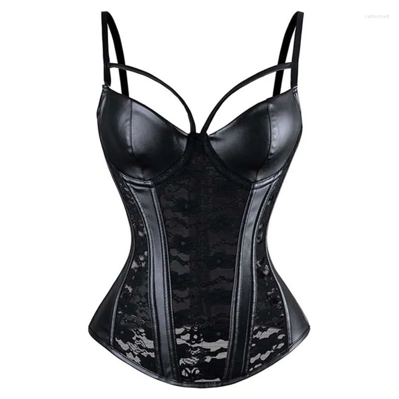 Bustiers Corsets Sexy Steampunk Bustier Corset cuir et dentelle Punk gothique vêtements Overbust Femme bretelles noires minceur taille corps Shaper