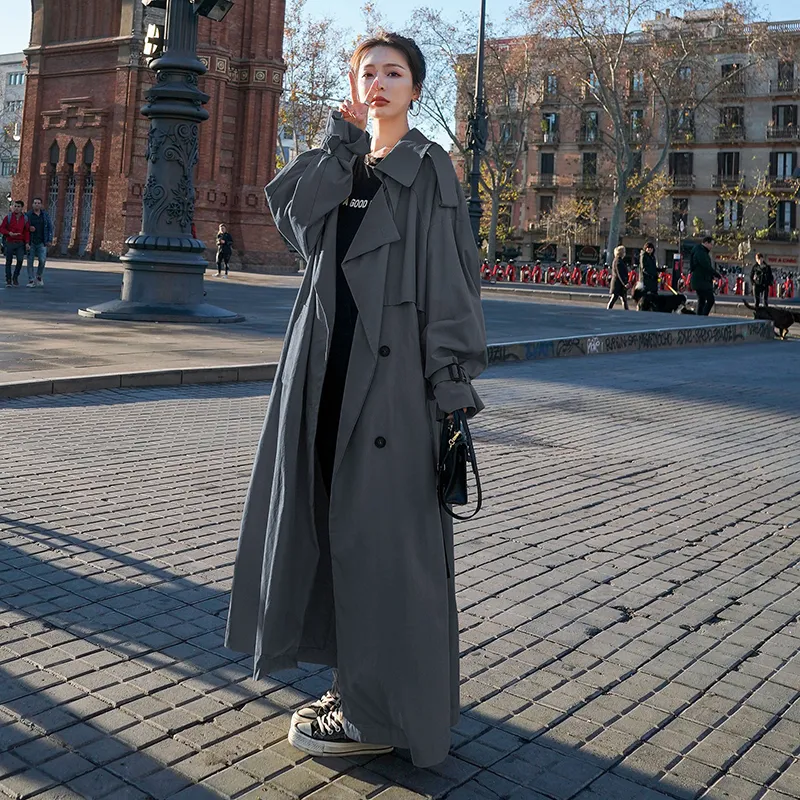 ☆韓国の人気☆【FLARE UP】☆Oversized Trench Coat (FL-012)☆ Korean Style Oversized X Long Maxi Trench Coat Womens For