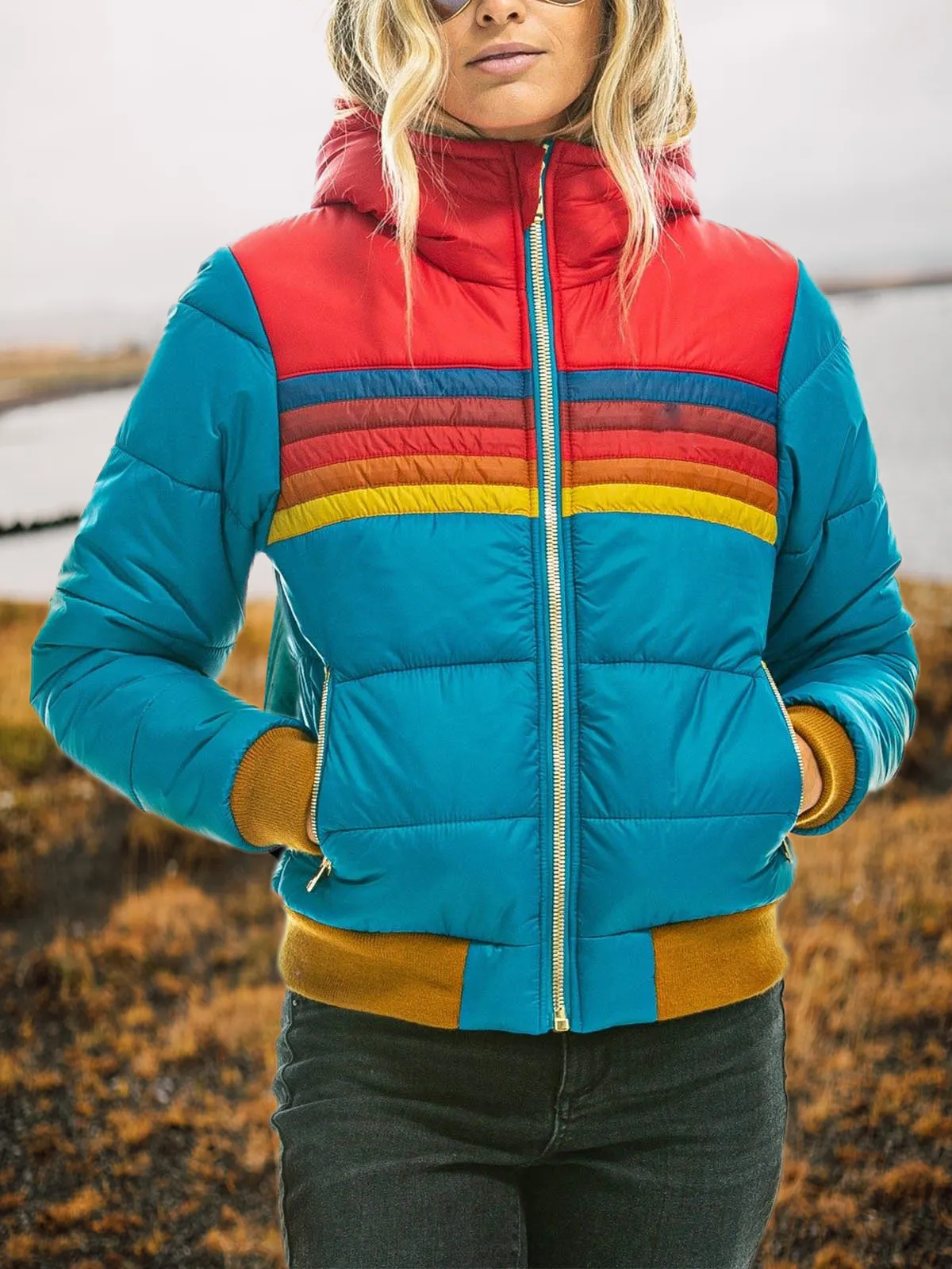 Vestes Femmes Donsignet Femmes Down Manteau Casual Rainbow Mode Zip-up Rayé Plus Taille Chapeau