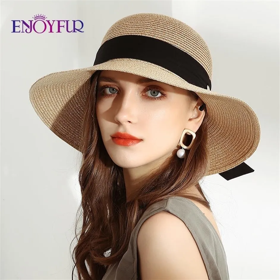 تتمتع بقبعات شمس الصيف الصيفية للنساء على نطاق واسع من الشريط القوس شاطئ القبع