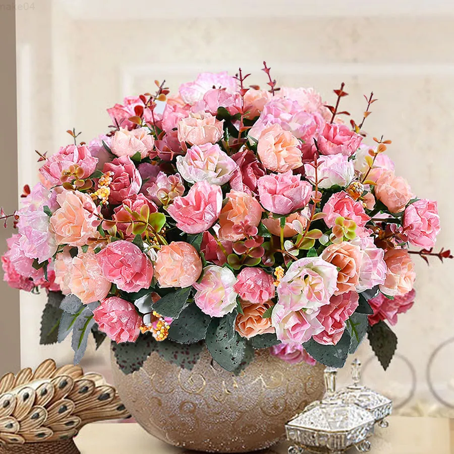 Faux Floral Verdure 7 Branche 21 Tête Français Rose Feuille Artificielle Soie Faux Fleurs Haute Qualité Fleurs Forêt Vintage Fleurs De Mariage Décoration De La Maison J220906