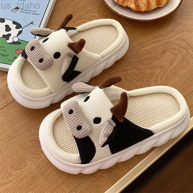 Slippers 2022 New Winter Indoor For Women Cute Milk Cow Home Platform Shoes Beautiful Animals Bedroom Couples L220906